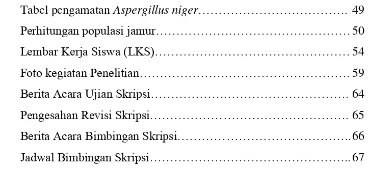 Tabel pengamatan Aspergillus niger………………………………. 49 