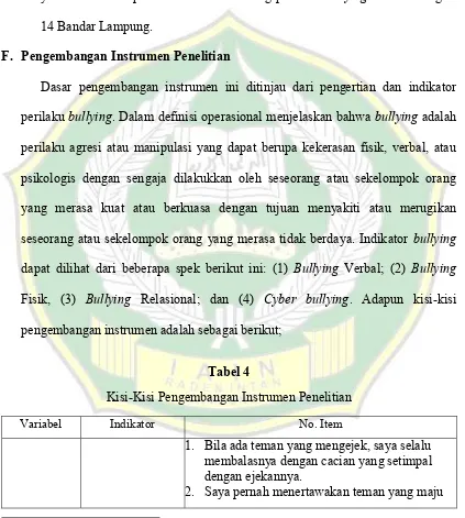 Tabel 4 Kisi-Kisi Pengembangan Instrumen Penelitian 