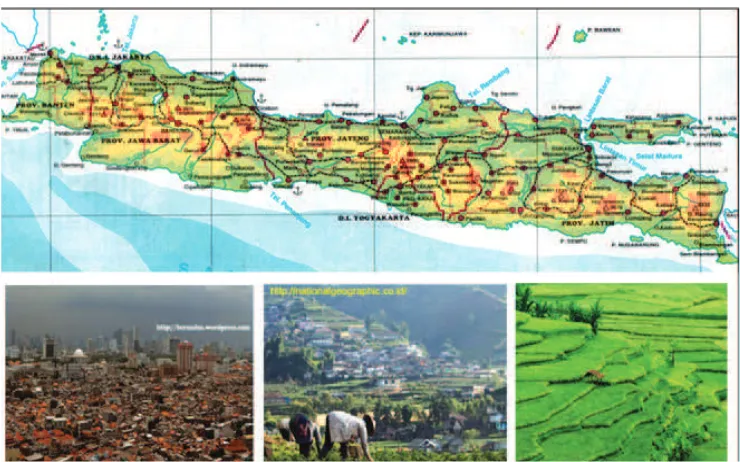 Gambar 1.17. Permukiman padat di Jakarta (A), Lahan pertanian di Dataran Tinggi Dieng (B), dan 