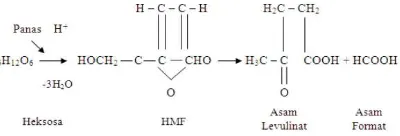 Gambar 2 Reaksi pembentukan HMF, asam levulinat, dan asam format dari  monosakarida (heksosa) dalam suasana asam (Achmadi 1991) 