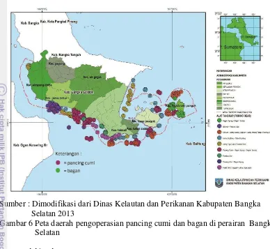 Gambar 6 Peta daerah pengoperasian pancing cumi dan bagan di perairan  Bangka 