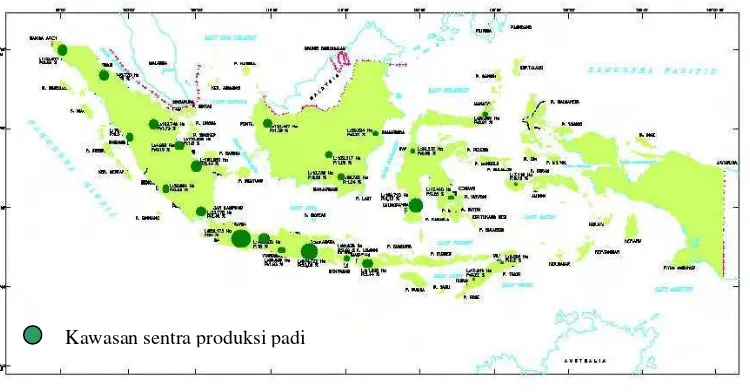 Gambar 1. Peta kawasan sentra produksi padi (Departemen Pekerjaan Umum,  1997). 
