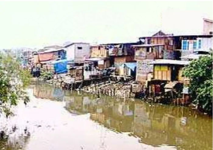 Gambar 2.11: Daerah rawan banjir serta kehidupan masyarakat kumuh di Jakarta. Genangan air menyebabkan tempat untuk nyamuk berkembang biak