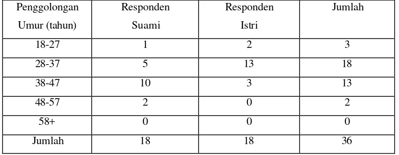 Tabel 7.  Penggolongan Umur Responden Berdasarkan Jumlah Responden di Desa Pakandangan Tengah Khususnya Dusun Lauk Lorong, 2007 