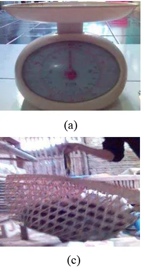 Gambar 2. (a) timbangan kapasitas 2,5 kg, (b) timbangan pegas, (c) 