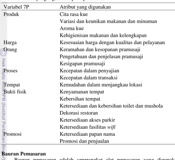 Tabel 4 Atribut yang digunakan pada penelitian  Variabel 7P  Atribut yang digunakan 