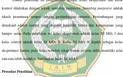 Tabel 3.3 Jumlah Sampel Kelas XI MIA 1 dan XI MIA 2 MAN 2 Bandar Lampung 
