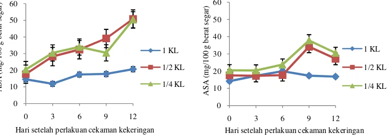 Gambar 2 Kadar prolin daun padi Situ Patenggang (kiri) dan padi Gogo Wangi (kanan)selama 0-12 hari cekaman kekeringan.