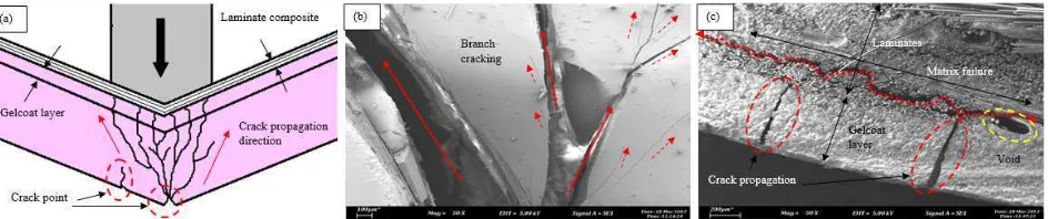 Fig. 6 (a) Crack pattern in the gelcoat layer, (b) Branch cracking at gelcoat surface, (c) Matrix failure of laminates