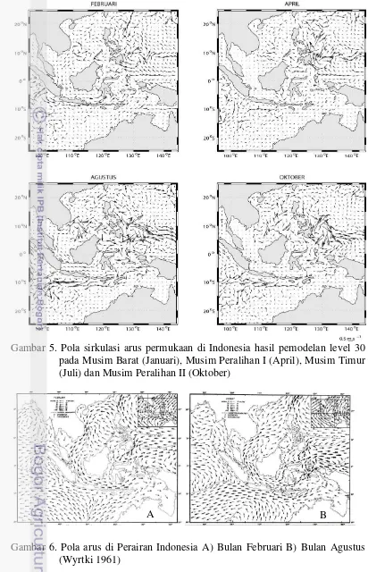 Gambar 6. Pola arus di Perairan Indonesia A) Bulan Februari B) Bulan Agustus 