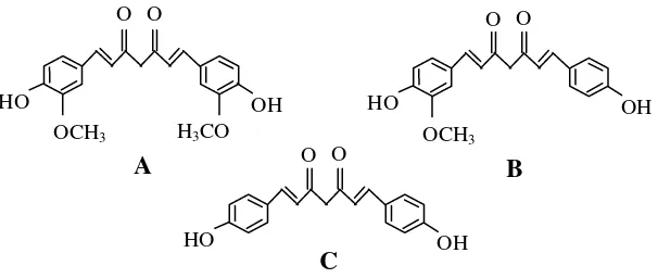 Gambar 1.  Struktur kimia senyawa penyusun kurkuminoid    (Sidik et.al., 1992) 