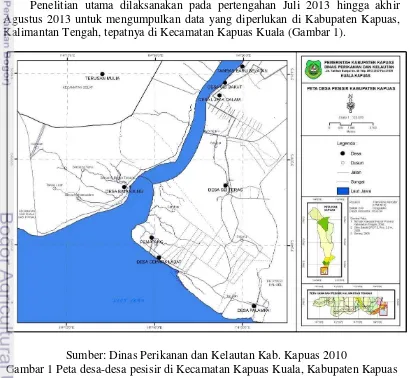 Gambar 1 Peta desa-desa pesisir di Kecamatan Kapuas Kuala, Kabupaten Kapuas 