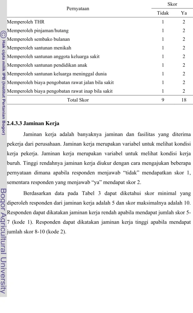 Tabel 2. Perolehan Skor Responden dari Pernyataan mengenai Jaminan Keluarga  di Desa Jabon Mekar Bogor, Tahun 2011  