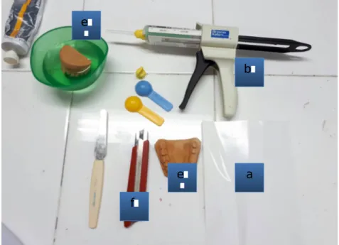 Gambar 1.Alat-alat untuk manipulasi elastomer a. Paper pad dan spatula