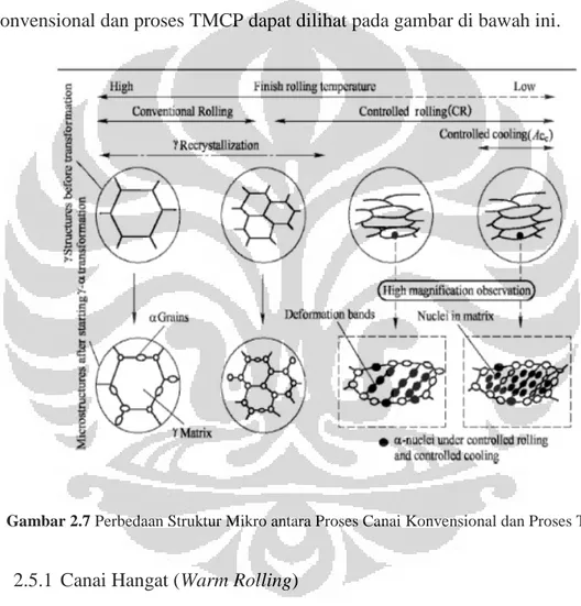 Gambar 2.7 Perbedaan Struktur Mikro antara Proses Canai Konvensional dan Proses TMCP  [12]   