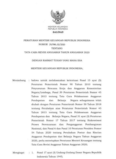 PERATURAN MENTER! KEUANGAN REPUBLIK INDONESIA NOMOR 39/PMK.02/2020 TENT ...