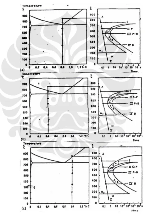 Gambar 2.4  Transformasi struktur mikro baja pada saat pendinginan baja (a)  eutektoid (b) hipoeutektoid, dan (c) hipereutektoid [9]