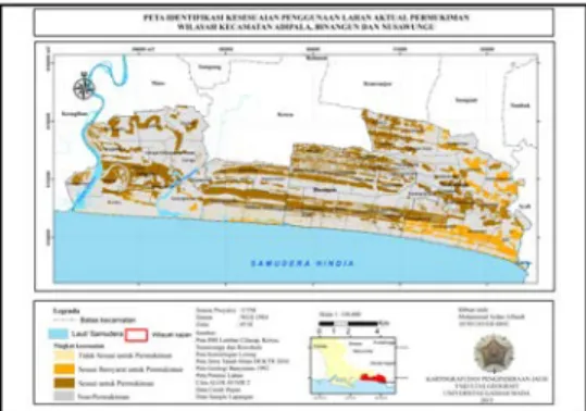 Gambar 2  menunjukan bahwa  permukiman dengan tingkat sesuai  tersebar di sebagian besar Adipala dan  Binangun, serta sebagian kecil  Nusawungu