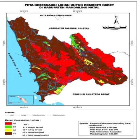 Gambar 1.  Peta kesesuaian lahan karet Kabupaten Mandailing Natal (a) dan Lokasi arahan pengembangan kebun karet rakyat di Kabupaten  Mandailing Natal (b)