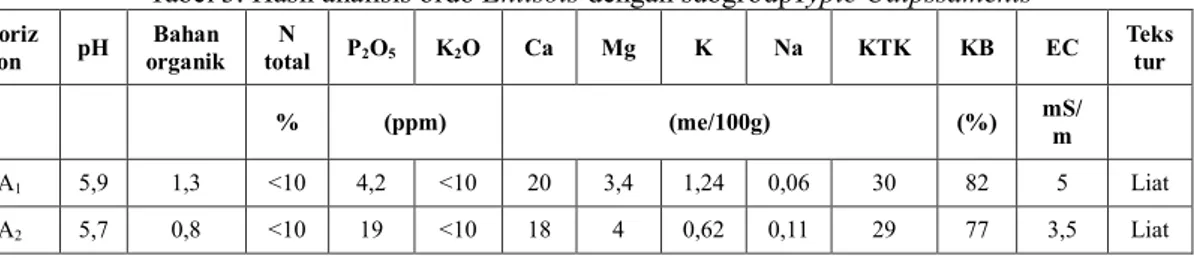 Tabel 3. Hasil analisis ordo Entisols dengan subgroupTypic Udipssaments 