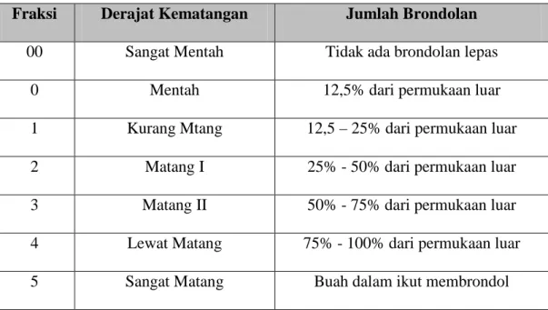 Tabel 2.2 Derajat Kematangan Tandan Buah Sawit (Fraksi TBS)  Fraksi  Derajat Kematangan  Jumlah Brondolan 