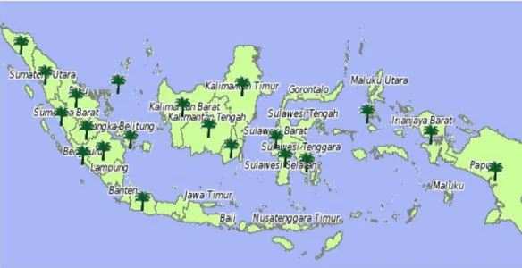 Gambar 1. 1 Peta Wilayah Persebaran Luas Lahan Perkebunan Kelapa Sawit  Sumber : BKPM 
