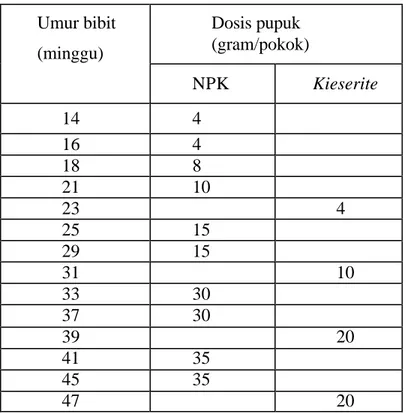 Tabel 1.  Dosis pupuk di pembibitan utama (Main Nursery)  
