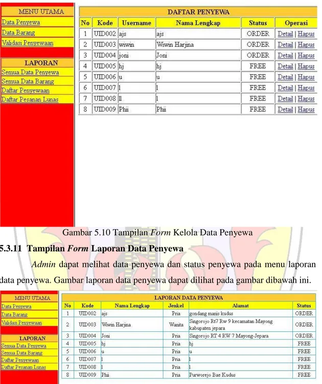 Gambar 5.10 Tampilan Form Kelola Data Penyewa  5.3.11  Tampilan Form Laporan Data Penyewa 