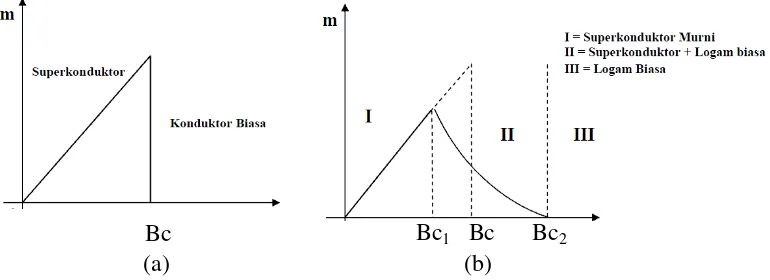Gambar 4. Perbandingan sifat magnetik pada keadaan normal superkonduktor: (a) tipe I dan (b) tipe II (Pikatan, 1989)
