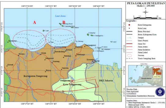 Gambar 2  Peta lokasi penelitian di Perairan Pesisir Kabupaten Tangerang,   Banten (A: Kronjo, B: Cituis) 