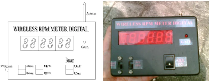 Gambar 7. Hasil rancangan RPM meter nirkabel digital: a. Rancangan tampak muka, b. bentuk Fisik  