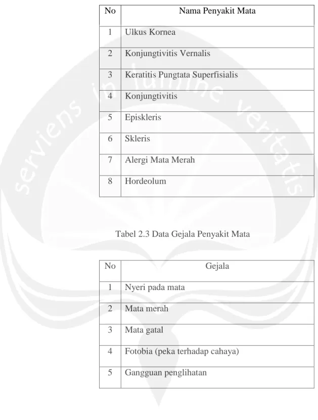Tabel 2.2 Data Nama Penyakit Mata 