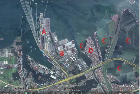 Gambar 1. Peta kawasan pelabuhan Tanjung Emas. A: kawasan pelabuhan, B: 