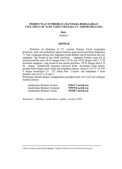 PERHITUNGAN SUMBERDAYA BATUBARA BERDASARKAN USGS CIRCULAR No.891 TAHUN ...