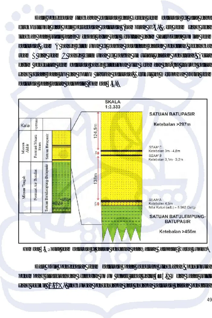 Gambar 4.3 Posisi seam batubara di daerah penelitian pada Satuan Batupasir (warna kuning)
