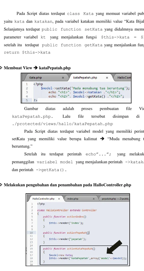 Gambar  diatas  adalah  proses  pembuatan  file  View  kataPepatah.php.  Lalu  file  tersebut  disimpan  di  :  ./protected/views/hallo/kataPepatah.php 