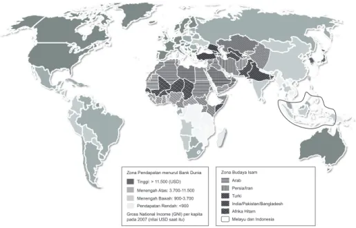 Gambar 1.1  Zona pendapatan menurut Bank Dunia dan Zona Budaya Islam. Wilayah- Wilayah-wilayah budaya yang bercampur ditunjukkan oleh garis-garis putus dan terdapat di  Afrika (Guinea, Sierra Leone, Liberia, Pantai Gading, Gana, Nigeria, Kamerun, Afrika  T