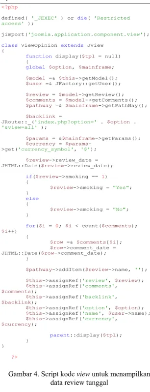 Gambar 4. Script kode view untuk menampilkan  data review tunggal 