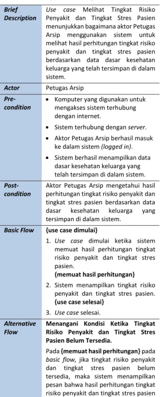 Tabel 3 Spesifikasi Use Case Melihat Tingkat  Risiko Penyakit dan Tingkat Stres Pasien  Brief 