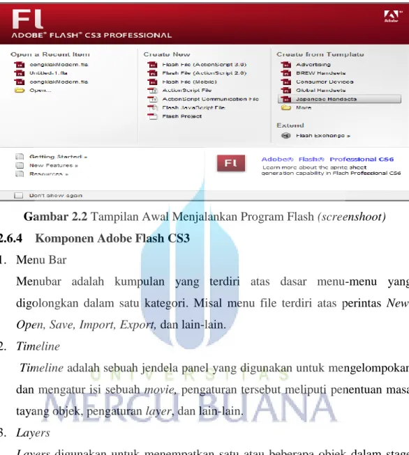 Gambar 2.2 Tampilan Awal Menjalankan Program Flash (screenshoot)  2.6.4  Komponen Adobe Flash CS3 