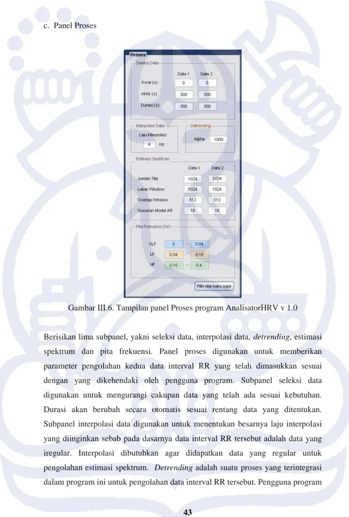 Gambar III.6. Tampilan panel Proses program AnalisatorHRV v 1.0 