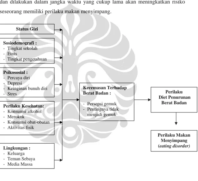 Gambar 2.4  Modifikasi kerangka teori dari Neumark-Sztainer (2000) dan Field et.al (2001) Sosiodemografi : -  Tingkat sekolah -  Etnis -  Tingkat pengetahuan Status Gizi Psikososial : -  Percaya diri -  Depresi 
