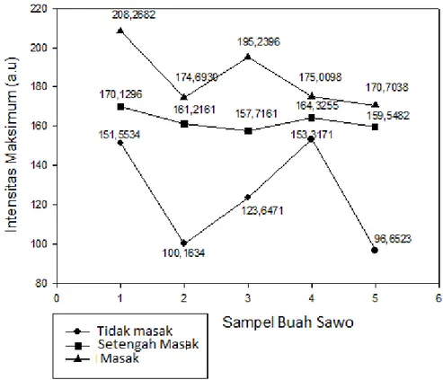 Gambar  2.  Grafik  perbandingan  intensitas  maksimum  pada  buah  sawo  dengan  tingkat kemasakan berbeda