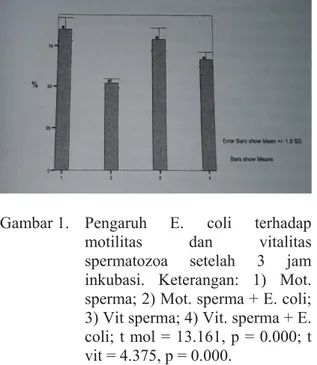 Gambar  1. Pengaruh E. coli terhadap  motilitas dan vitalitas  spermatozoa setelah 3 jam  inkubasi