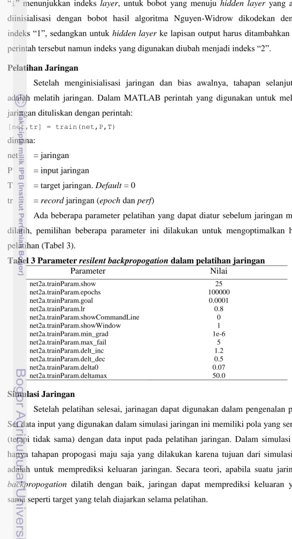 Tabel 3 Parameter resilent backpropogation dalam pelatihan jaringan 