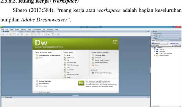 Gambar 2.4. Tampilan Ruang Kerja Adobe Dreamweaver CS3  2.3.8.3. Komponen Ruang Kerja Adobe Dreamweaver 