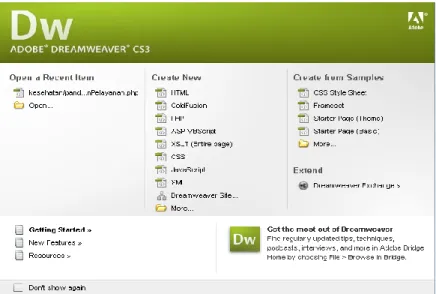 Gambar 2.5. Tampilan Welcome Sreen Adobe Dreamweaver CS3 