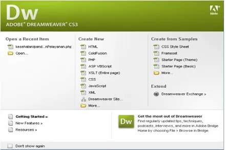 Gambar 2.6. Tampilan Welcome Sreen Adobe Dreamweaver CS3