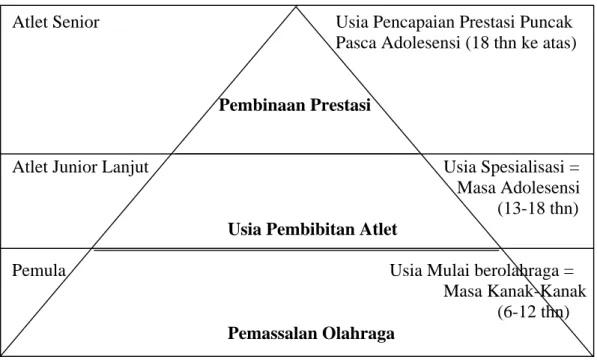 Gambar  1.  Pembinaan  Prestasi  Olahraga  Ditinjau  dari  Teori  Piramida,  Usia  Berlatih,  Tingkat  Atlet  dan  Tingkat  Pertumbuhan  serta  Perkembangan Atlet