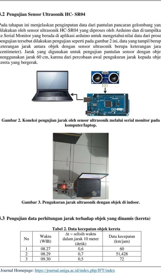 Gambar 2. Koneksi pengujian jarak oleh sensor ultrasonik melalui serial monitor pada  komputer/laptop